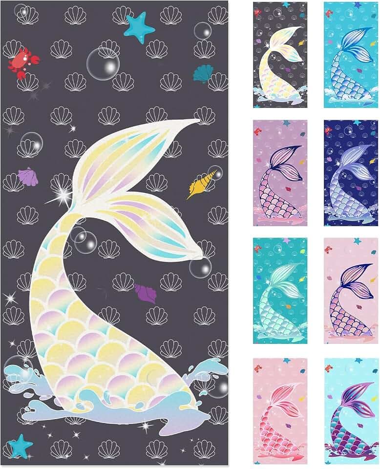 Jessy Home 4 Pack Mermaid Beach Towel 30"x60" Soft Microfiber Swim Towels Absorbent Quick Dry Sand Free Beach Towels Set for Girls & Women for Beach Travel - Black Gold