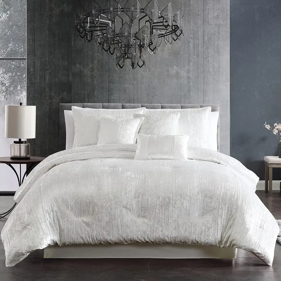 Riverbrook Home Turin Crinkle Velvet Comforter Bedding Set, King Size, Glam Textured Décor, White, 7 Pieces