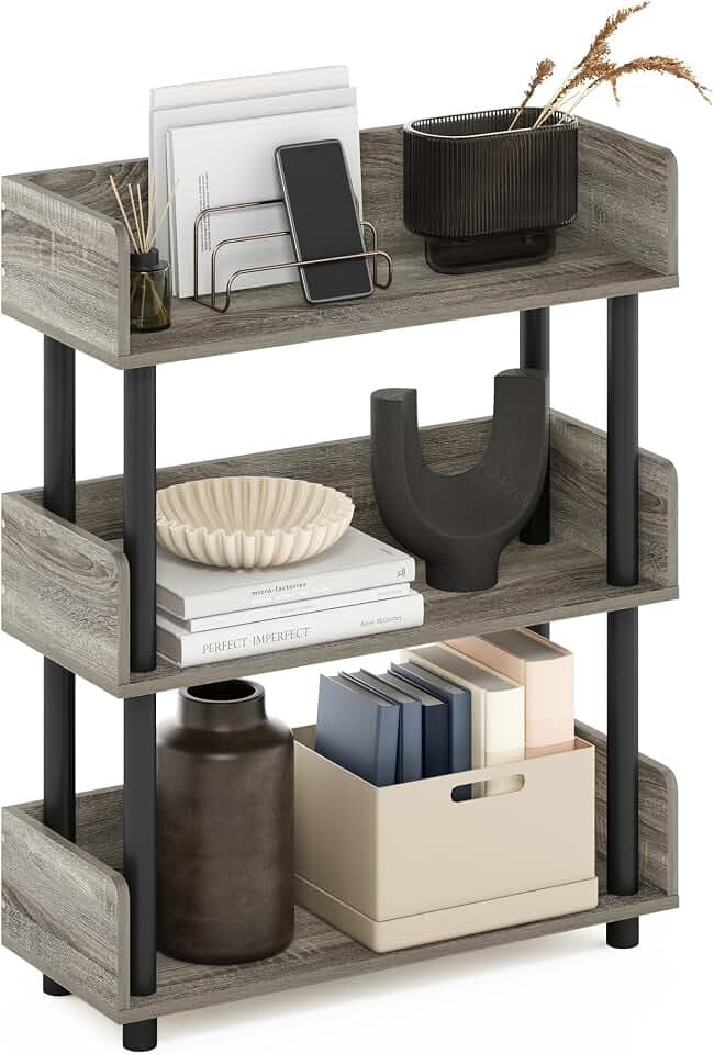 Furinno TURN-N-TUBE Display Shelf, 3-Tier Storage Shelves with Side Panels, Open Shelves Book Shelf with Rounded Corner Top Edges, for Organization and Storage, Living Room, Home Office, French Oak