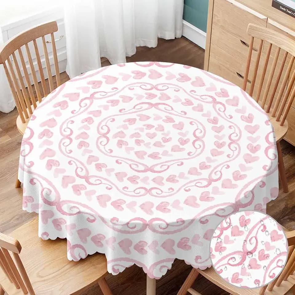 Yibeas Tablecloth Heart Swirling Borders Mandala Tablecloths 60" Diameter Round Watercolor Pink Decor Background Tablecloths for Dining Kitchen Wedding and Parties