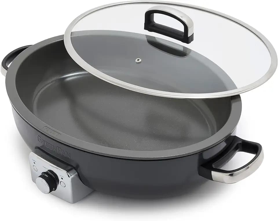 GreenPan Elite 5.5QT Electric Oval Skillet, PFAS-Free Ceramic Nonstick, 1800 Watt, Dishwasher Safe Lid & Removable Crock, Adjustable Temp Control, Multi-Cooker, Sear, Sauté, Rice, Stir-Fry, Black