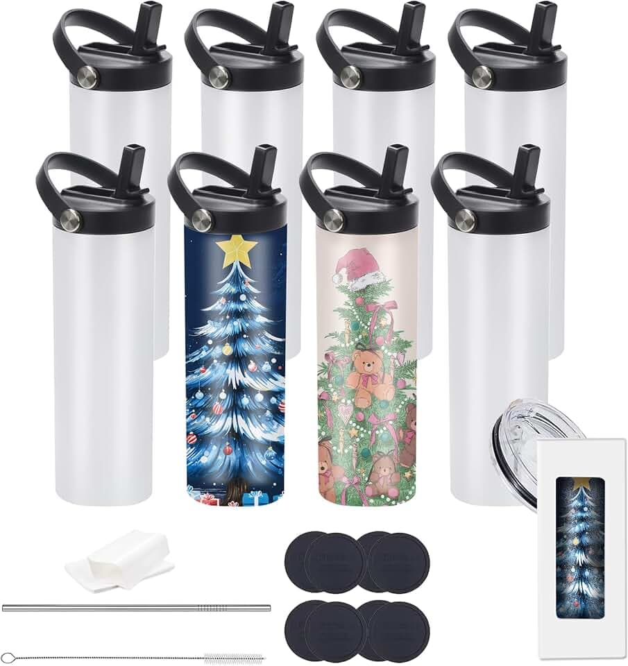 20oz sublimation sport tumblers blanks with two lids ,flat edge sublimation tumblers,double wall stainless steel insulted cup,for Heat Transfer, White (8, with flex handle lid)