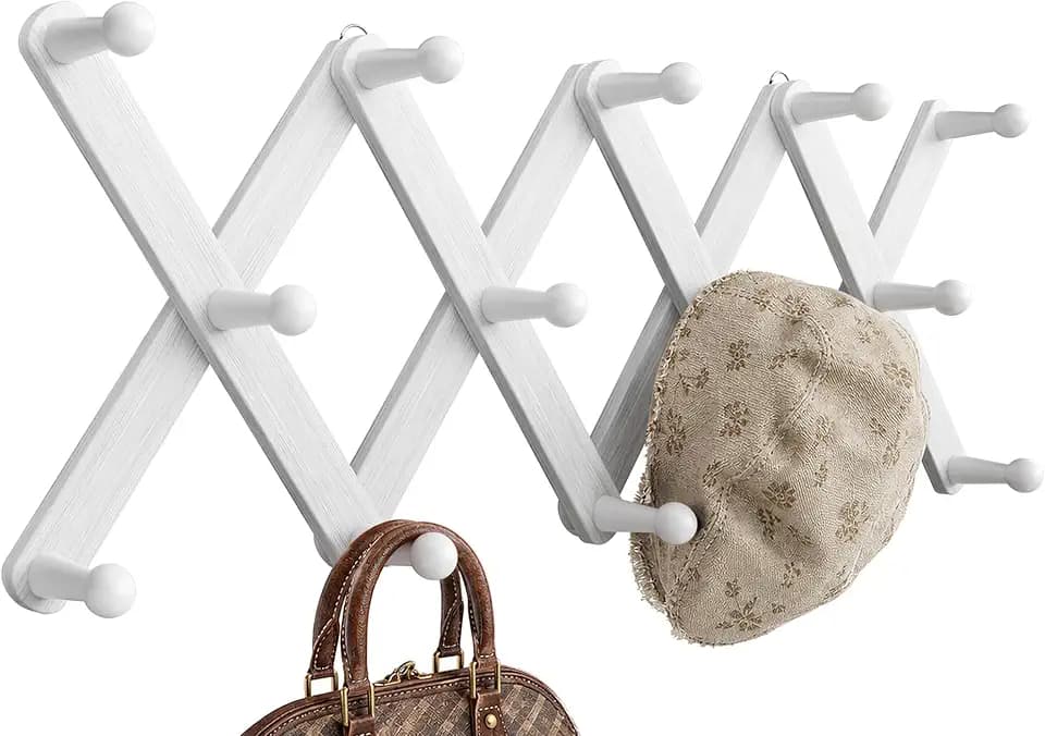 Accordion Wall Hanger, Hat Rack for Wall with 14 Coat Hooks, Expandable Hat Hangers Organizer, Vintage Decorative Coat Rack Wall Mount for Purse, Mug (White)