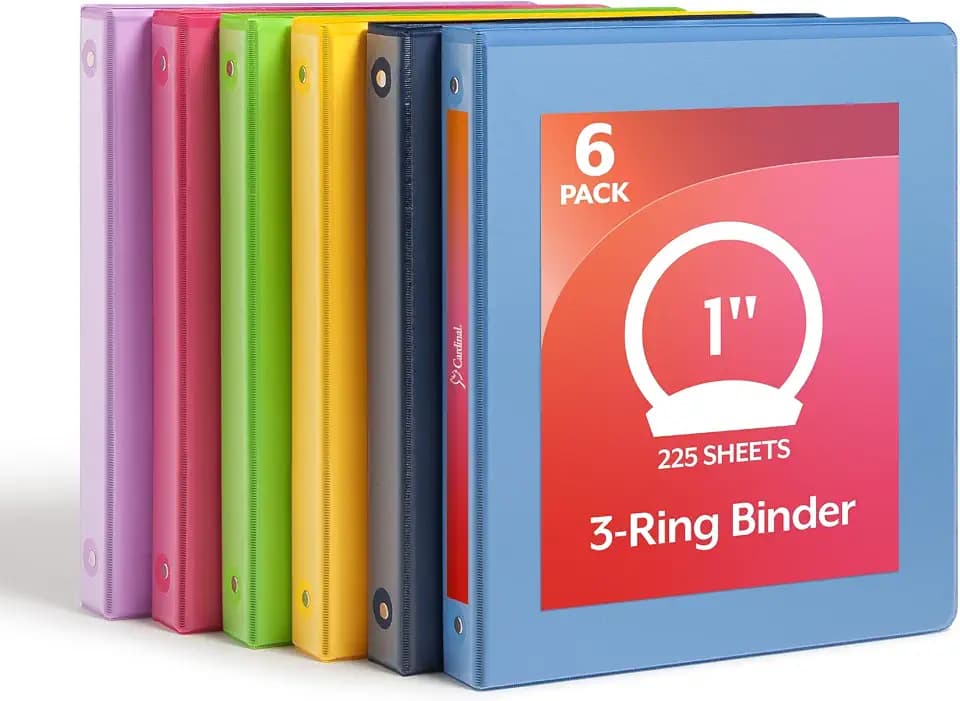 Cardinal 1 Inch 3 Ring Binders, 6 Pack, Assorted Colors, Holds 225 Sheets