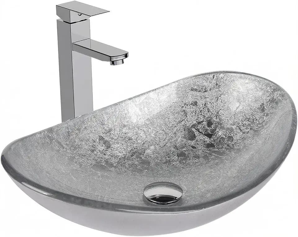 Bathroom Boat Shape Artistic Glass Vessel Sink, Silver