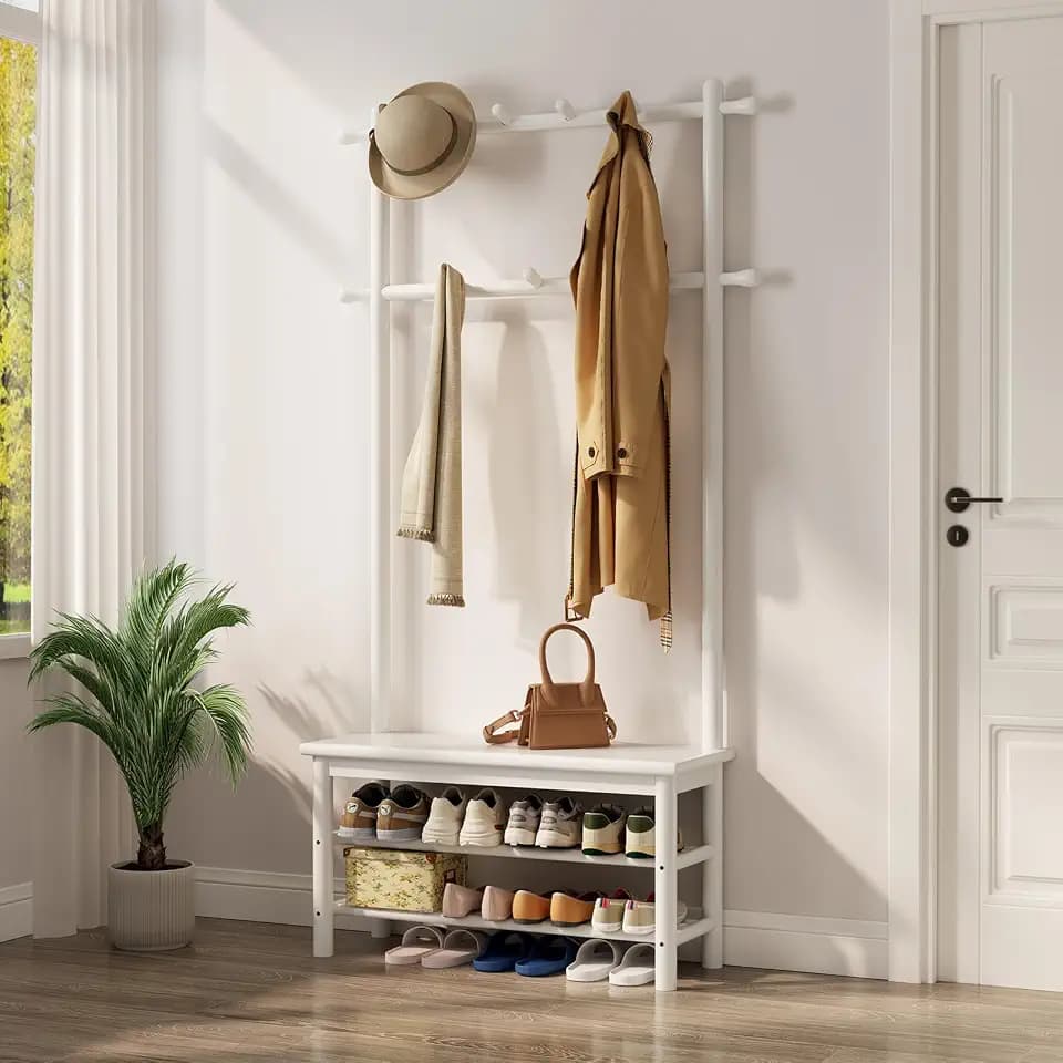 AQIMUELE Coat Rack with Shoe Storage, Wooden Hall Tree with Bench, 11 Hooks and 2-Tier Storage Shelves, 3-in-1, Entryway Bench with Coat Rack (31.5"-White)