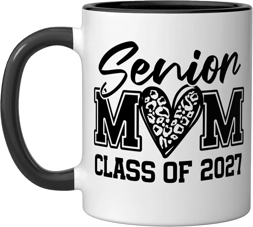 Sports Leopard Print Heart Class of 2027 Proud Senior Mom Ceramic Mug, Black/White