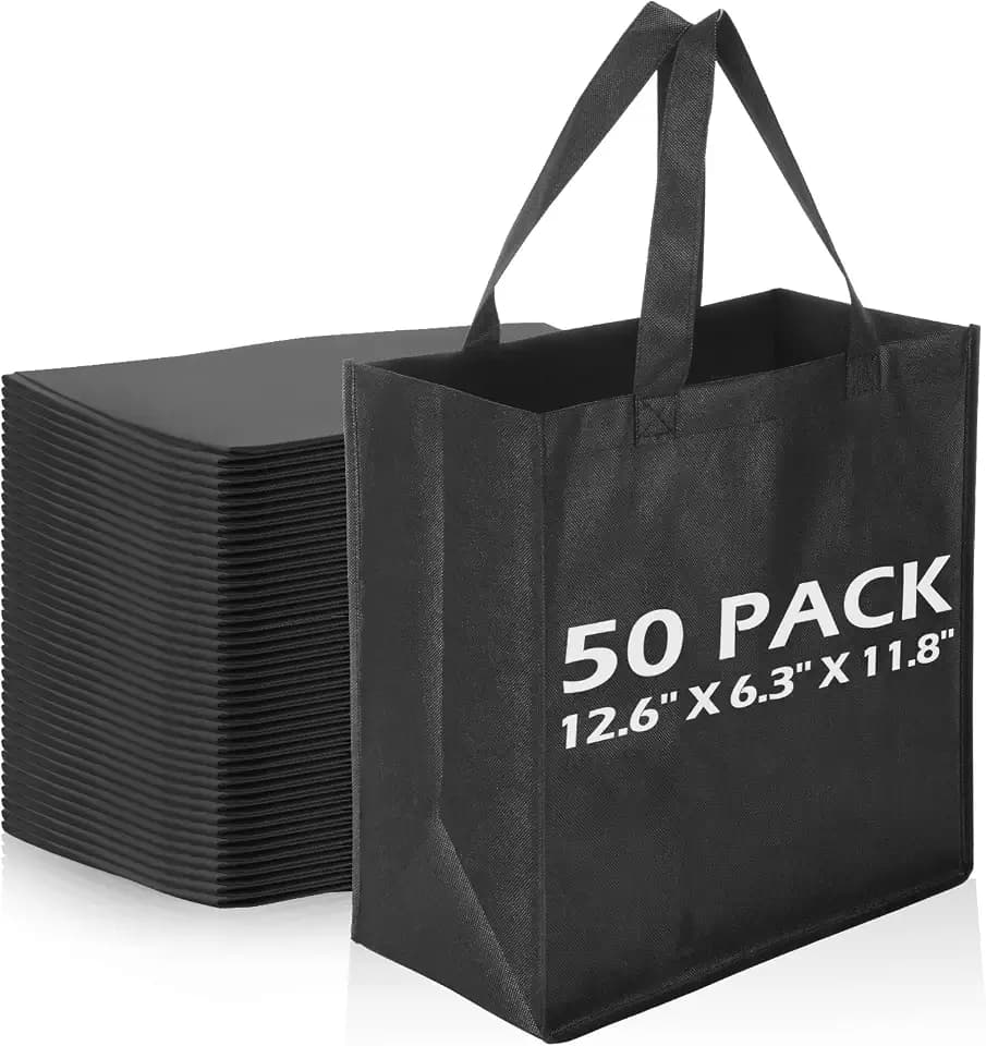 Reginary 50 Pcs Reusable Tote Bags Shopping Bags Non Woven, Black