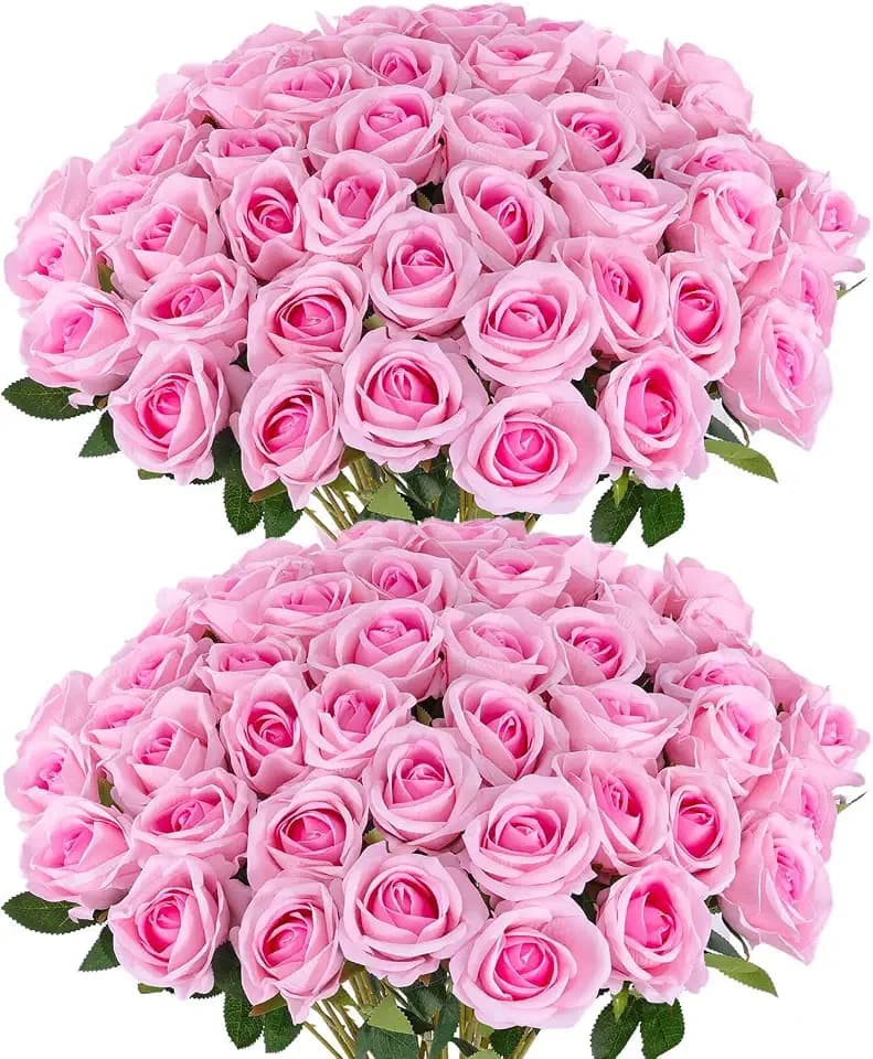Hananona 50 Pcs Artificial Roses, Realistic Silk Pink Flowers Bulk