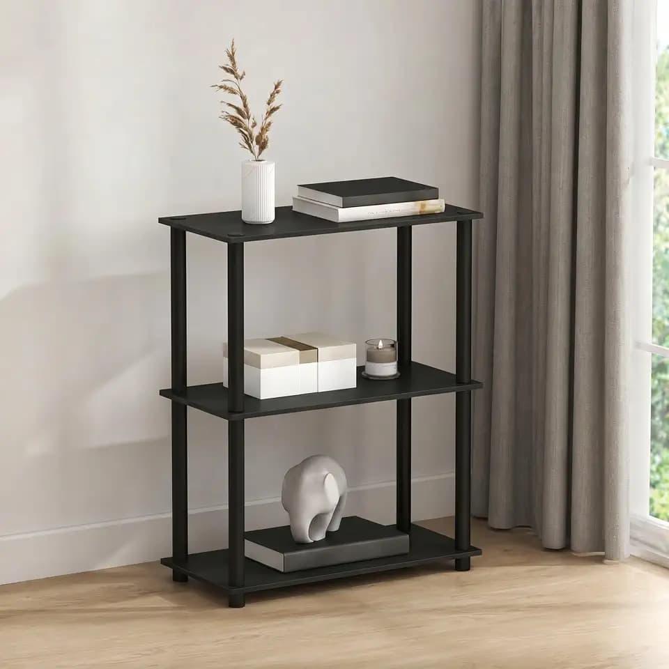 Furinno Turn-N-Tube Toolless Assembly Storage Shelves, 3-Tier Black Book Shelf, Open Storage Bookshelf, for Organization and Storage, Living Room, Home Office, Bedroom, Black Espresso
