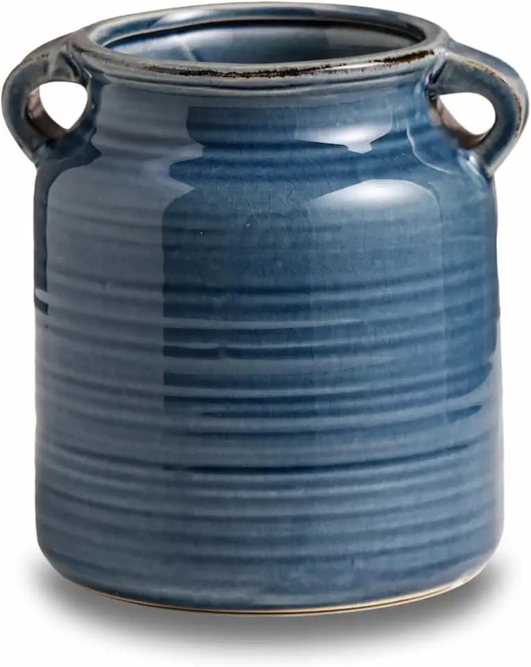 Double Handle Blue Rustic Ceramic Vase Decor (5.9x6.3in)
