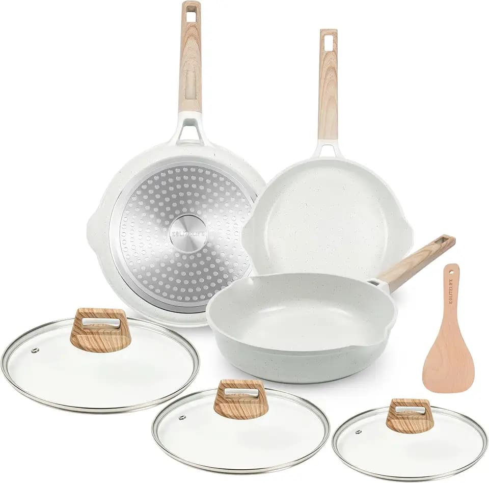 ESLITE LIFE 7-Piece Ceramic Nonstick Skillet Set with Lids, Cream White
