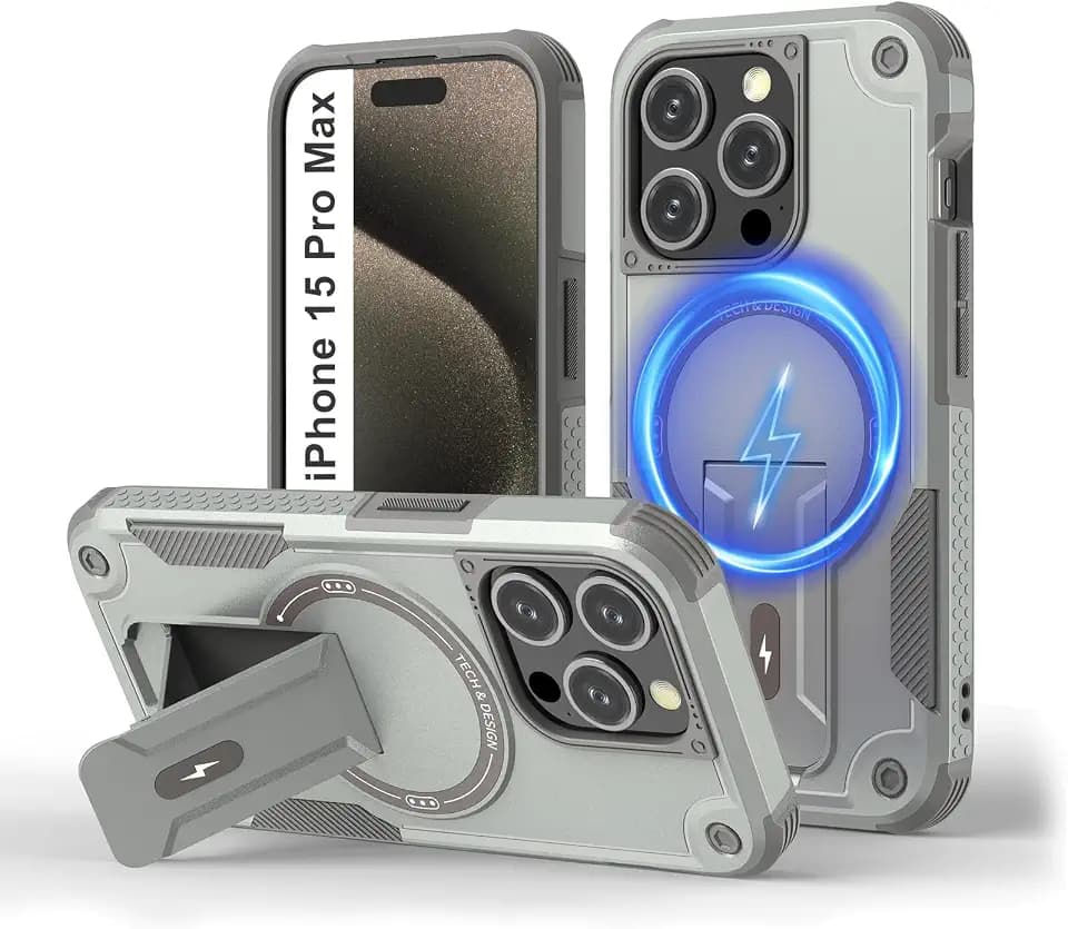 Tuvror Magnetische für iPhone 15 Pro Max Hülle mit Ständer, Grau