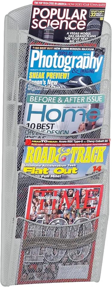 Safco Products Silver 5 Pocket Magazine Rack- Durable Steel Construction, Clutter-Free Wall Mount Display, 5 lbs Weight Capacity- 28" x 10.3" x 3.5