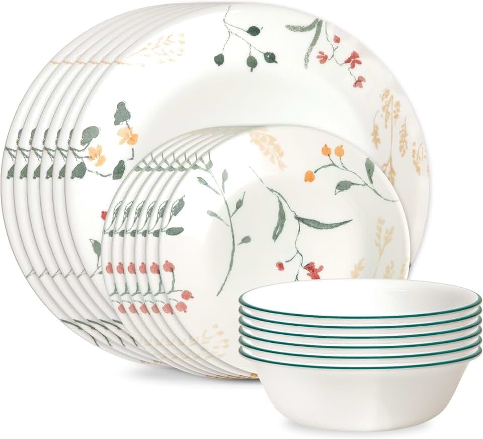 Corelle Vitrelle 18 Piece Glass Dinnerware Sets Service for 6, Triple Layer Chip & Crack Resistant Glass Plate and Bowl Sets, Wildflower