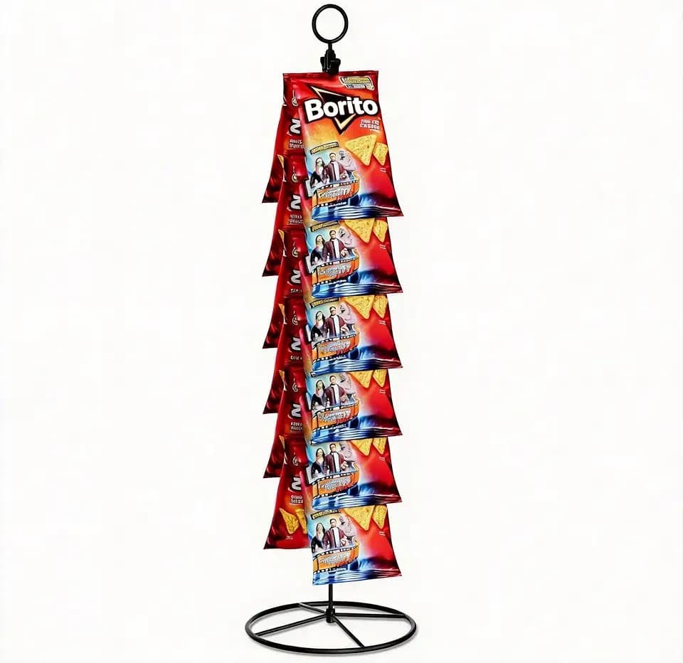 TJ.MOREE Chip Rack Display Stand, Snack Organizer for Countertop, Chip Bag Holder with 14 Clips, Chip Stand Display for Party, Office, Pantry(Black)
