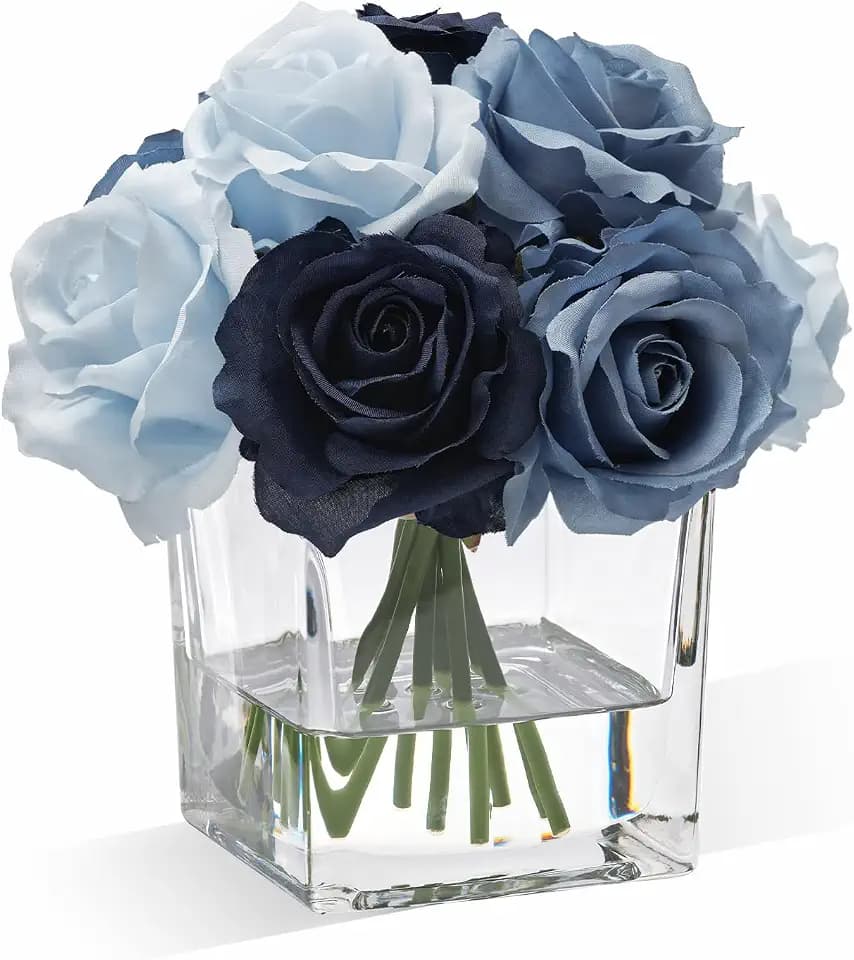 WELL KNOWN Blue Rose Artificial Flowers in Vase with Faux Water for Home