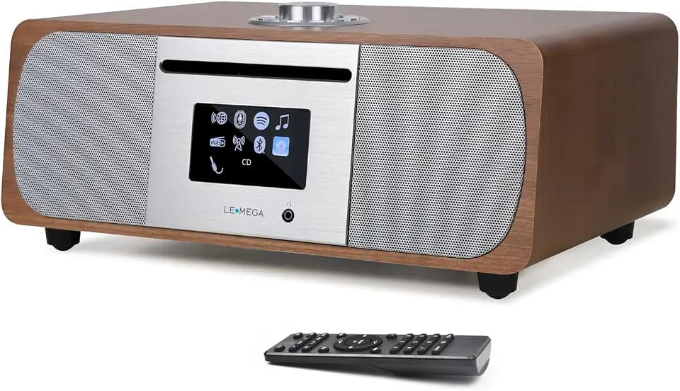 LEMEGA M5P 35W HIFI-Stereo-Musiksystem (DAB+,UKW,CD-Spieler,Internetradio,Bluetooth-Sender,Spotify Connect,USB-Spieler, AUX,Doppelwecker, Kopfhöreranschluss,Kompaktanlage,Fernbedienung) Walnuss dunkel