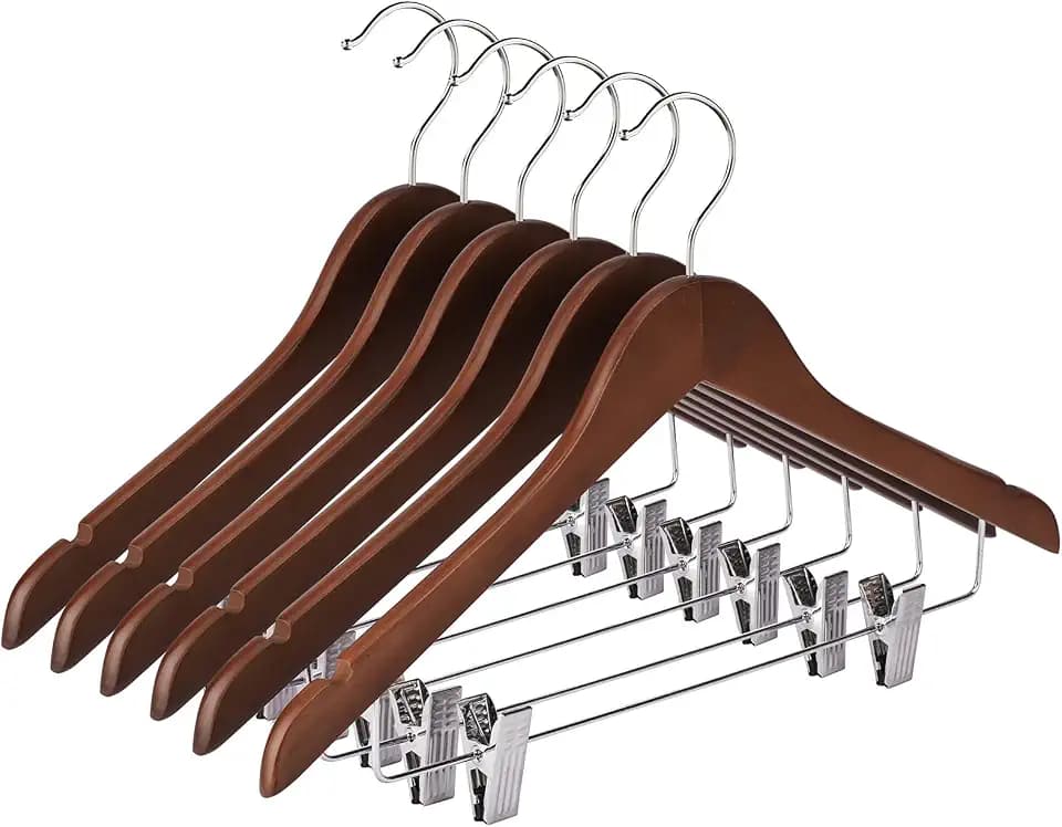 Wooden Hangers with Clips 24 Pack Wooden Pants Hangers,Skirt Hangers with Clips,Adjustable Heavy Duty Clip Hangers,Hangers for Pants,Jeans,Slacks,Shorts (Walunt)