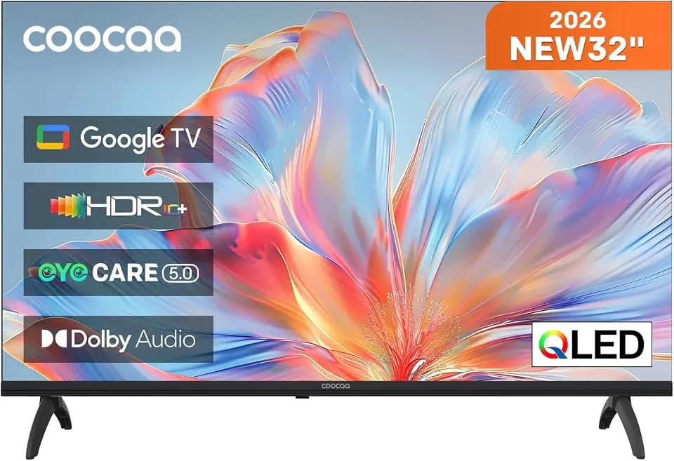 coocaa 32 Zoll Smart TV, 80cm, QLED HD Fernseher mit Google TV, HDR10, HLG, Dolby Audio, EyeCare, Triple Tuner DVB-T/-T2/-C/-S/-S2 CI+, Bluetooth 5.1, 32CGQH40, 2026 Neues Modell