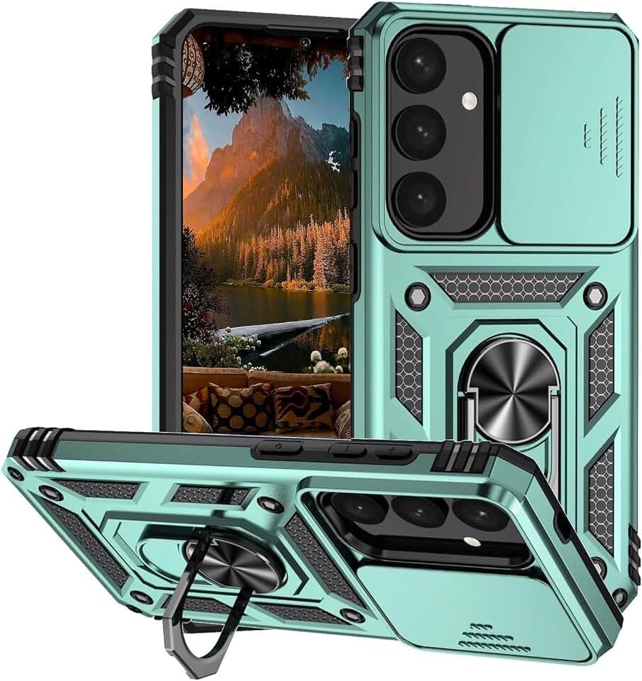 Handyhülle für Samsung Galaxy S21 FE Hülle mit Kameraschutz, Panzerhülle Schutzhülle mit 360° Metall Ring Ständer Military Stoßfest Bumper Hard Case Samsung S21 FE Cover (Grün)