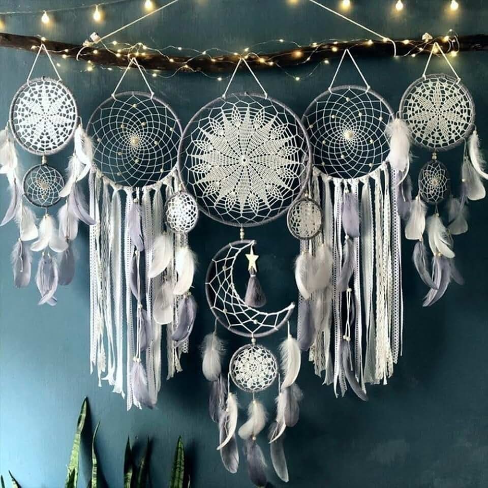 Boho Dream Catcher Wall Hanging Set of 5 Large Moon Dream Catchers with Luxurious Feathers and Beads, Handcrafted Wall Decoration for Bedrooms, Nurseries and Living Rooms (Gray)