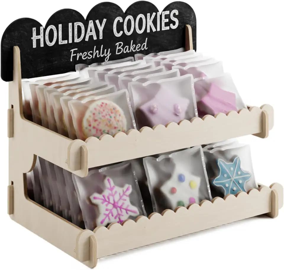 HOTCAN Wooden Cookie Display Stand with Chalkboard Sign for Bakers, Vendors, Craft Fairs | Pastry Display for Market Booths & Events | 2 Tiered Cookie Display for Muffins, Cakes, and Pastries(Natural)