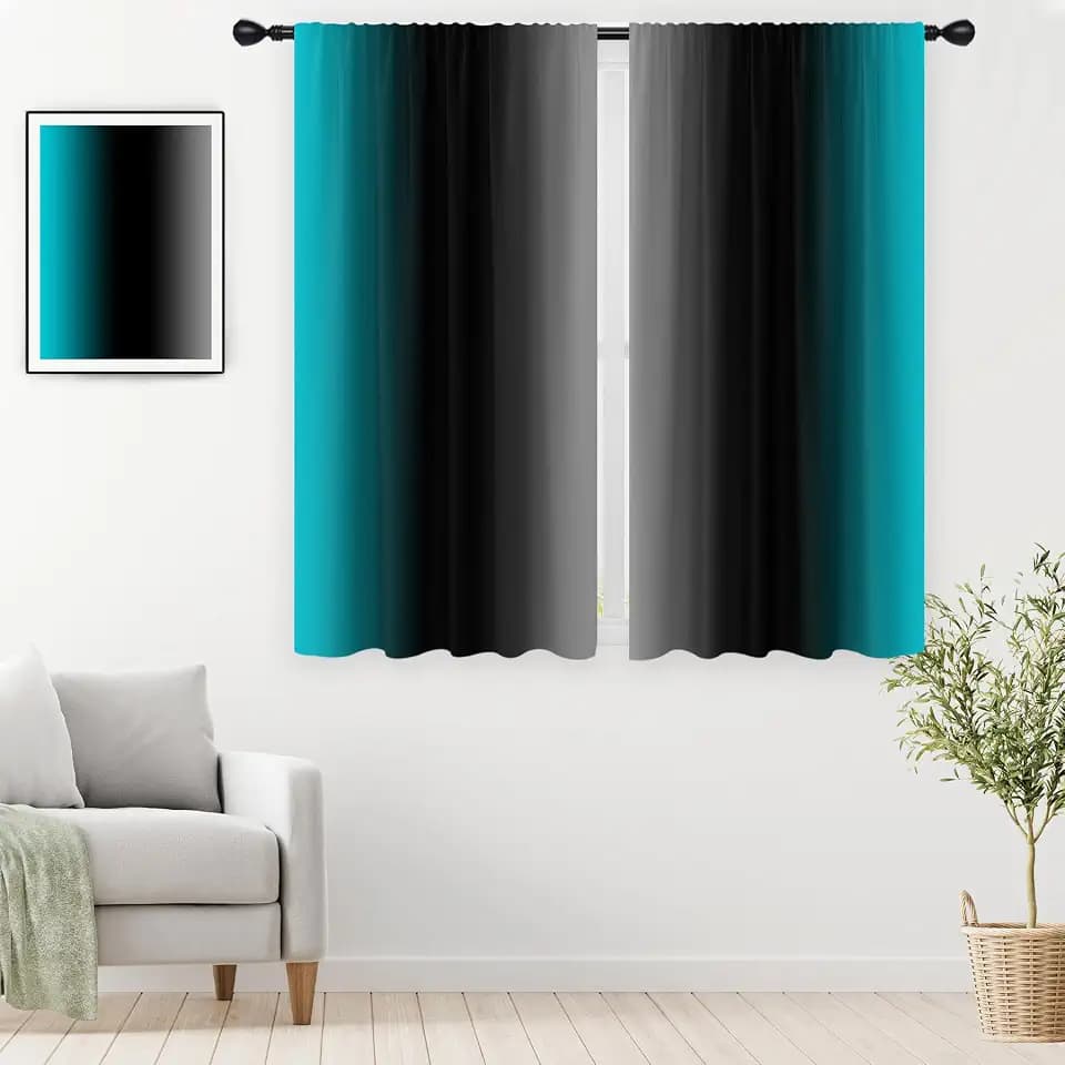 Black Teal Grey Curtains, Ombre, 2 Panels, 42" W x 63" L, Rod Pocket