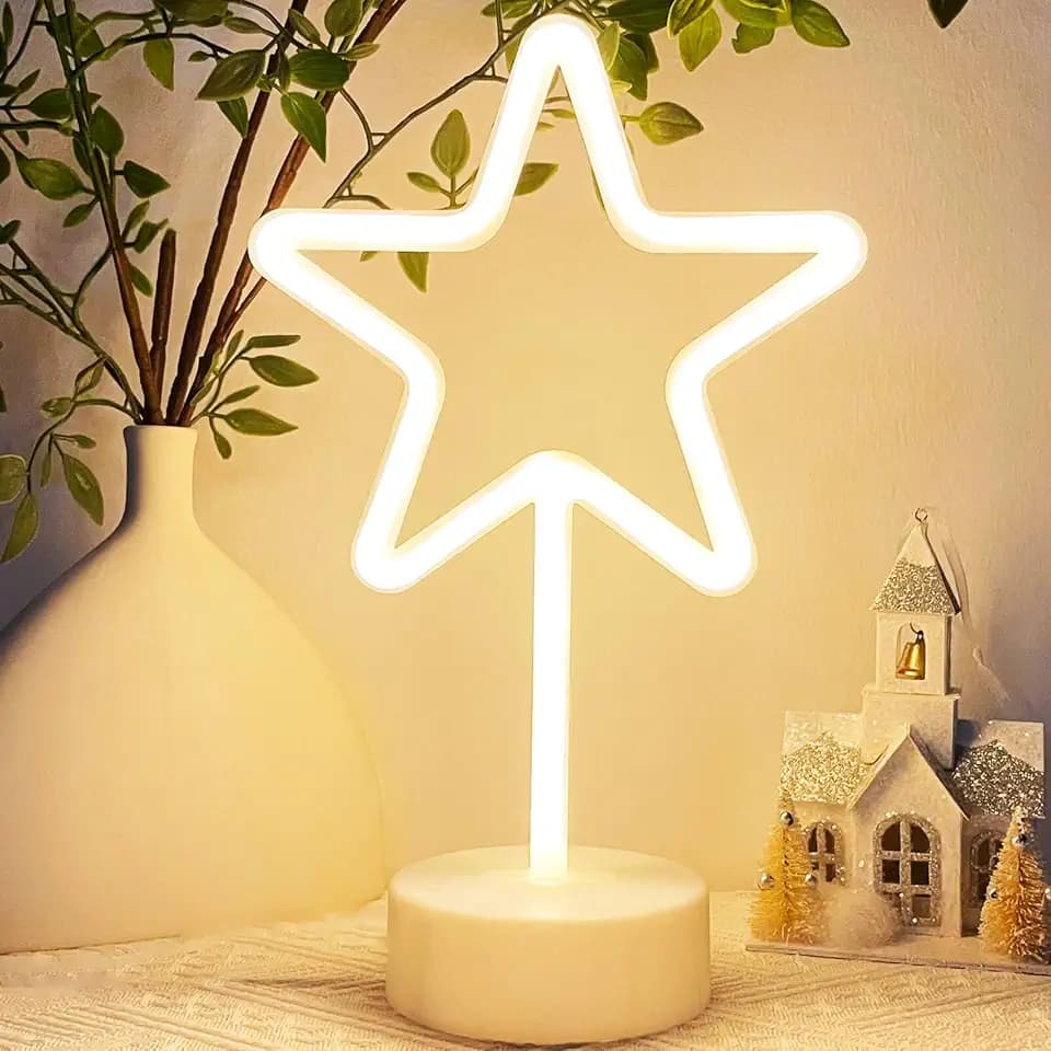 HOHOSIGN Star Neon Sign Light, USB/Battery Operated Neon Sign with Base LED Stand Star Table Lamp, Light up Warm White Christmas Decor for Room Bedroom Office Classroom Nursery School Birthday Party