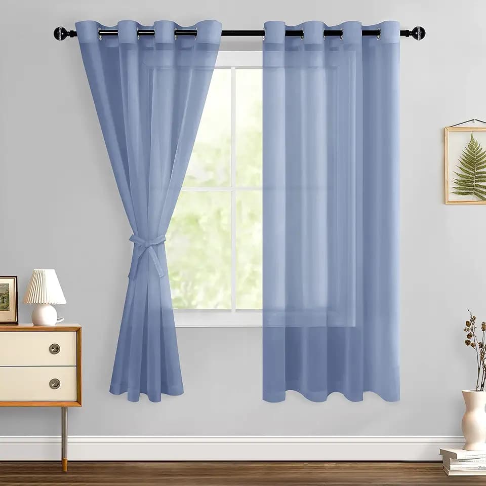 Hiasan Sheer Curtains with Tiebacks, Dusty Blue, W52 x L63, 2 Panels