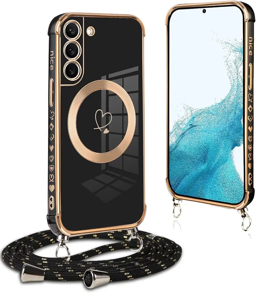 Pnakqil Handykette für Samsung Galaxy S22 Plus 5G Hülle mit Band, Kompatibel mit MagSafe, Handyhülle Ultra Dünn Silikon Magnetisch mit Herz Love Muster Schutzhülle mit um Umhängen Kordel, Schwarz
