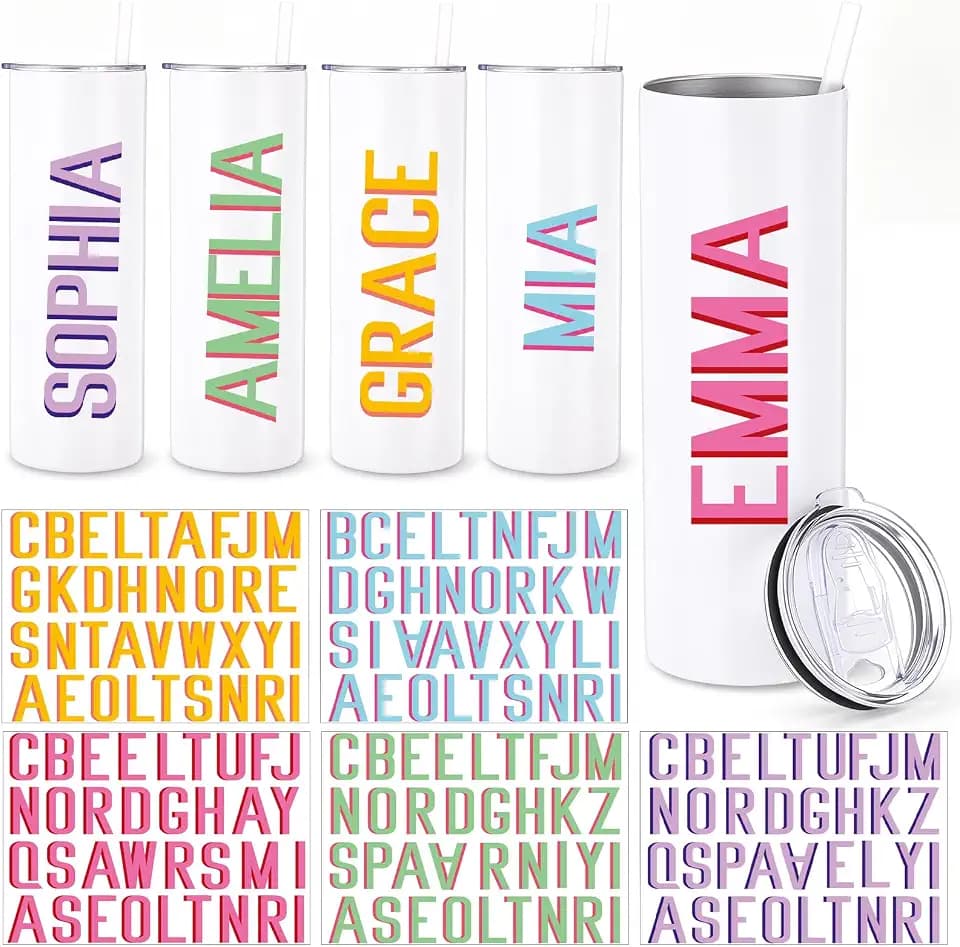 Skylety 10 Pcs Personalized Tumblers with 5 Pcs UV Dft Vinyl Letter Sticker