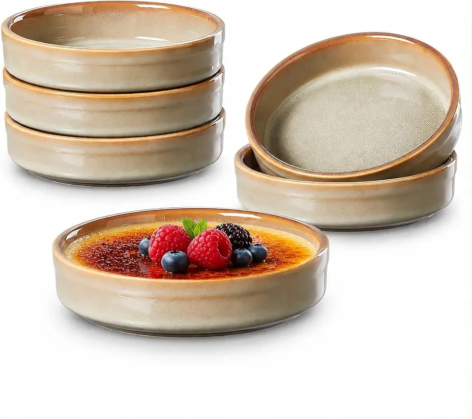 ONEMORE Ramekins Oven Safe Set of 6, 4 oz Creme Brulee Ramekins, Ceramic Ramekin Bowls for Souffle, Custard, Dipping Sauce, Dessert, Microwave Dishwasher Freezer Safe, 4.5 Inch - Beige