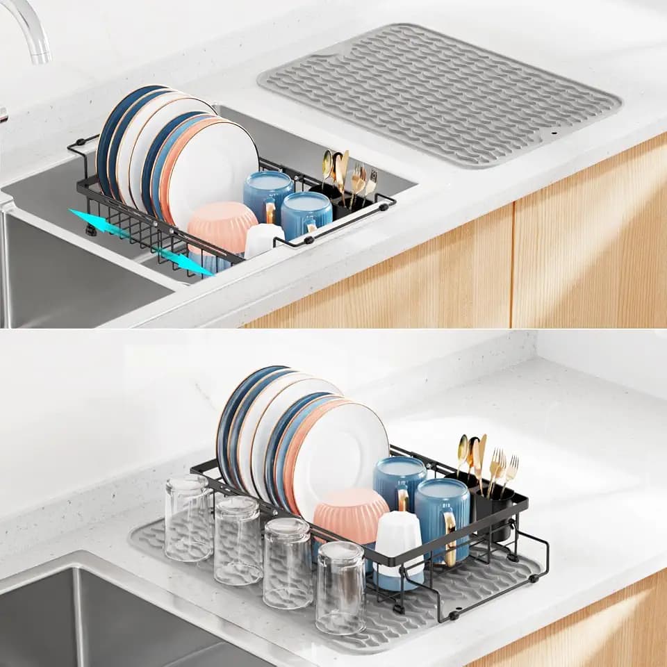 iSPECLE Expandable Dish Drying Rack with Silicone Mat for Kitchen Sink or Counter, Heavy Duty Adjustable Over Sink Dish Drainer with Square Corners, Fit for Modern Single & Double Sinks, Black