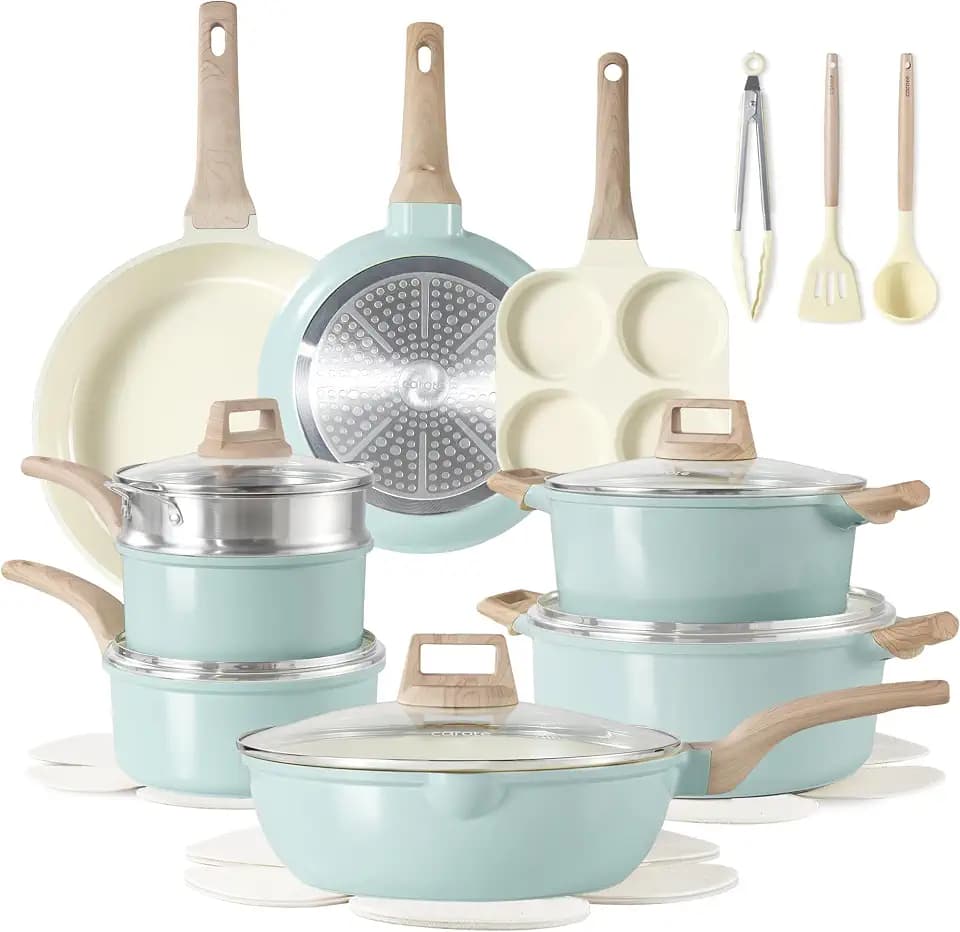 CAROTE 21pcs Ceramic Cookware Sets, Pots and Pans Set Blue