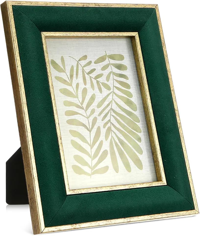 Kathfly 2 Pcs Green Velvet Picture Frame 4 x 6 Inch Vintage Photo Frame with Gold Metal Edge Horizontal & Vertical Mount for Poster Artwork Puzzles Tabletop Wall Display Christmas Home Office Decor