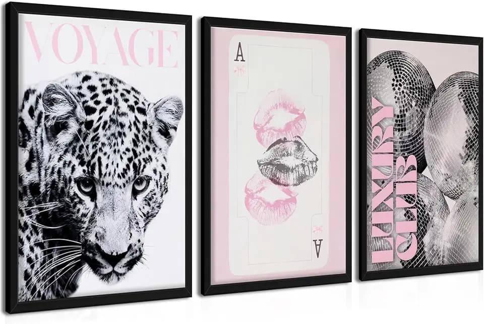Pink Cheetah Wall Art Set of 3, Y2K Trendy Leopard Canvas Wall Decor Paintings, Preppy Black and White Cheetah Disco Posters Prints Pictures for Girly Room Bedroom Dorm 16x24 Inch Wood Framed