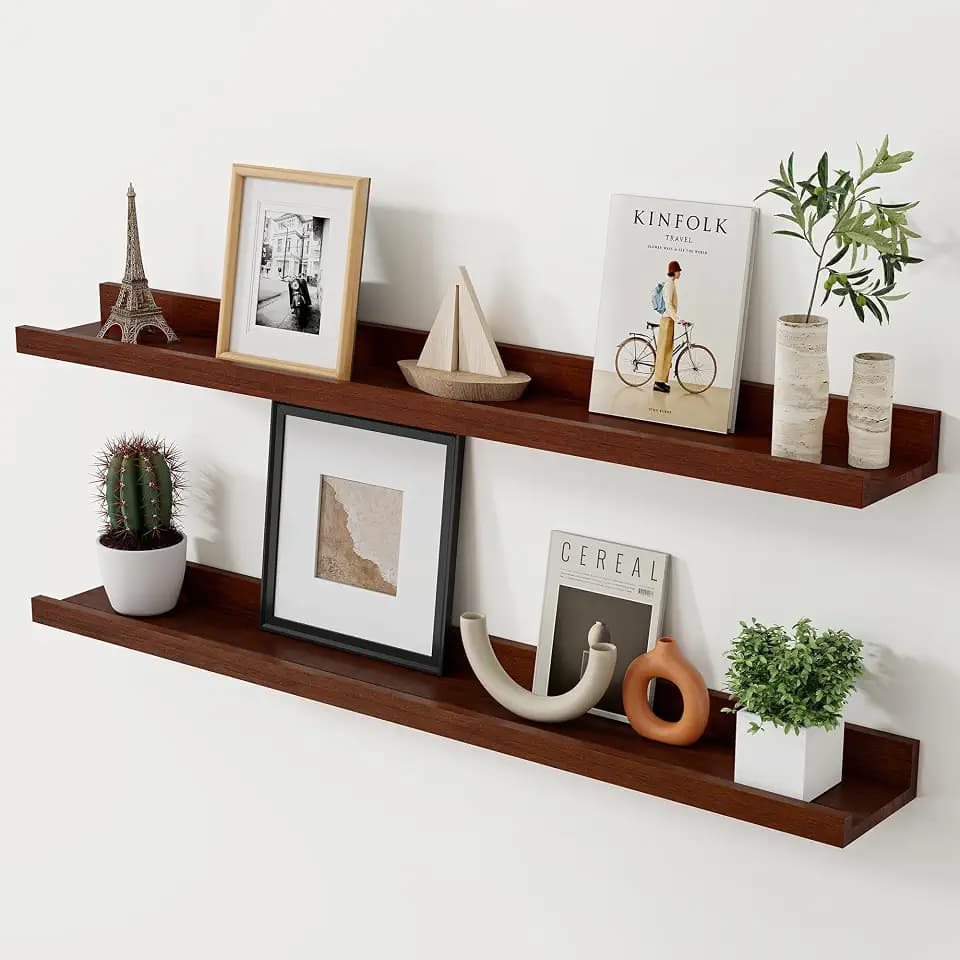 Acovy Floating Shelves for Wall, 36 inch Solid Wood Picture Ledge Shelf, Picture Shelf for Wall with Ledge, Floating Book Shelves for Living Room Bedroom Kitchen Nursery Decor, Walnut, Set of 2
