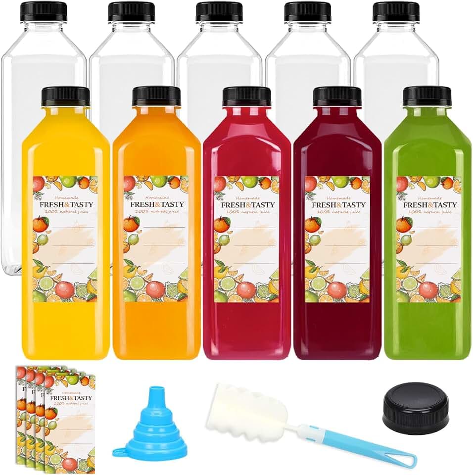 TOMNK 10 Pack 33 OZ Plastic Juice Bottles with Caps, Sticker Labels, Brush