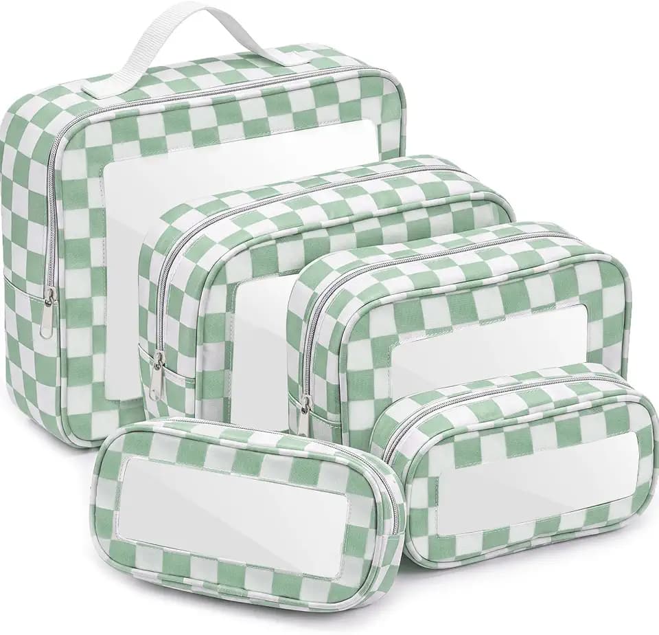 Thinkday 5 Pcs Clear Checkered Toiletry Bag Set for Traveling, Mint Green