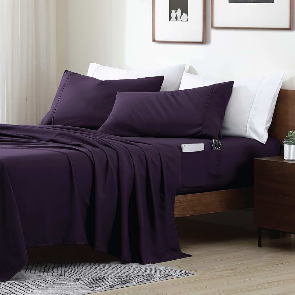 Swift Home Full Bed Sheet Set with Double Side Pockets, Eggplant