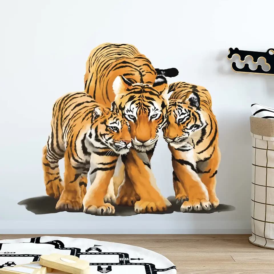 Walking Tiger with Its Cubs Wall Decal Animal Wall Sticker