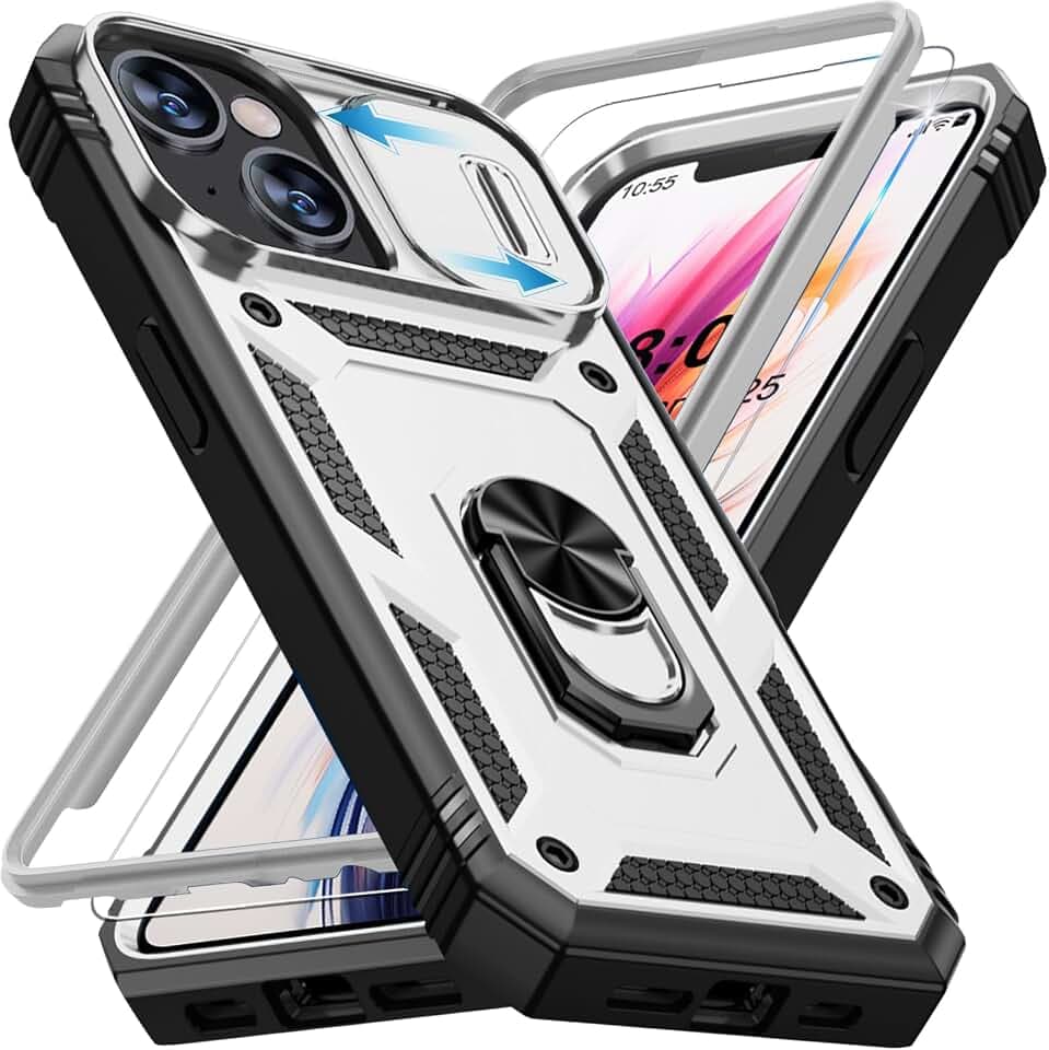 Giyer Handyhülle für iPhone 14 Hülle mit Schutzfolie, Panzerhülle Case mit Kameraschutz 360° Metall Ring Ständer Stoßfest Bumper Schutzhülle für iPhone 14 Cover Tache (Weiß)