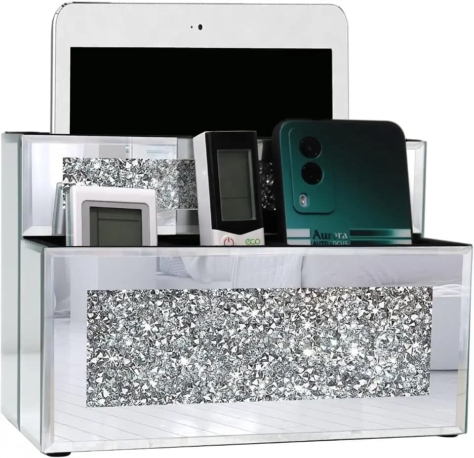 GOTHICO Mirrored Remote Holder, Wall or Tabletop Mounted Crush Diamond Bling Decoration Organizer Storage Caddy for Remote Phone Pad Notebook Makeup Brush,4 Slots in 3 Sizes,9.1"×6.1"×4.8"