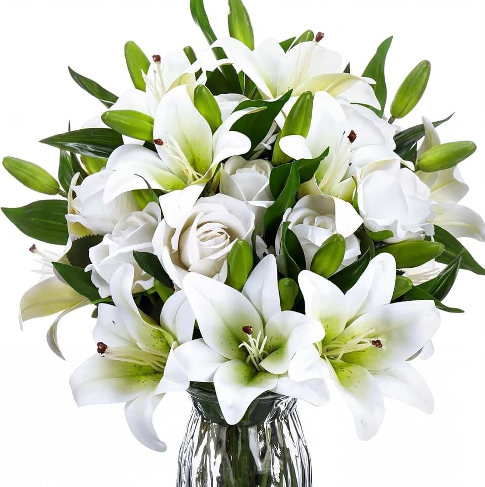 Hotop 20 Pcs Artificial Flowers Spring Velvet Realistic Roses and Latex Lilies Flowers Bouquet Decorations Arrangements for Home Table Centerpieces Wedding Decor(White)