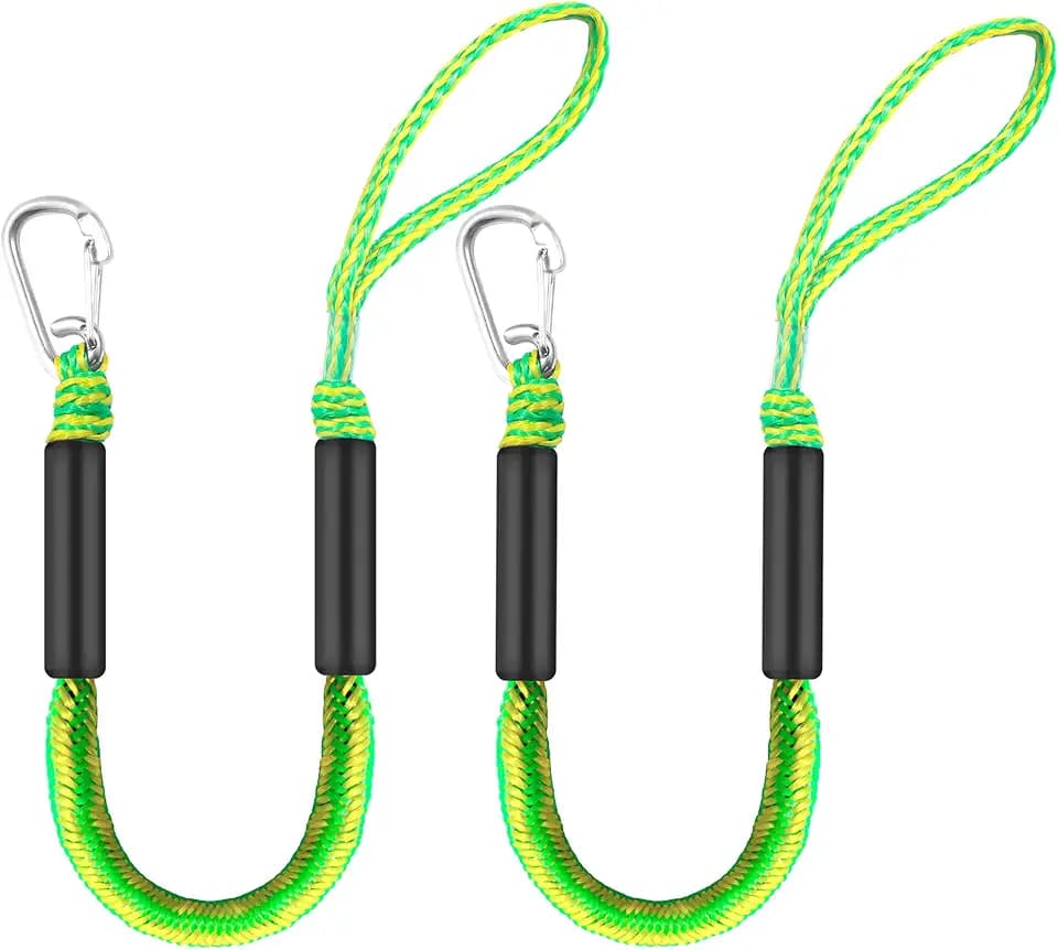 Single Hook Bungee Dock Lines – Adjustable Boat Tie Downs for Pontoon, Jet Ski, PWC, Kayak | Small Cruiser Mooring Lines | 2.5/3/4/7/14ft (2, Green & Yellow, 2.5 FEET)