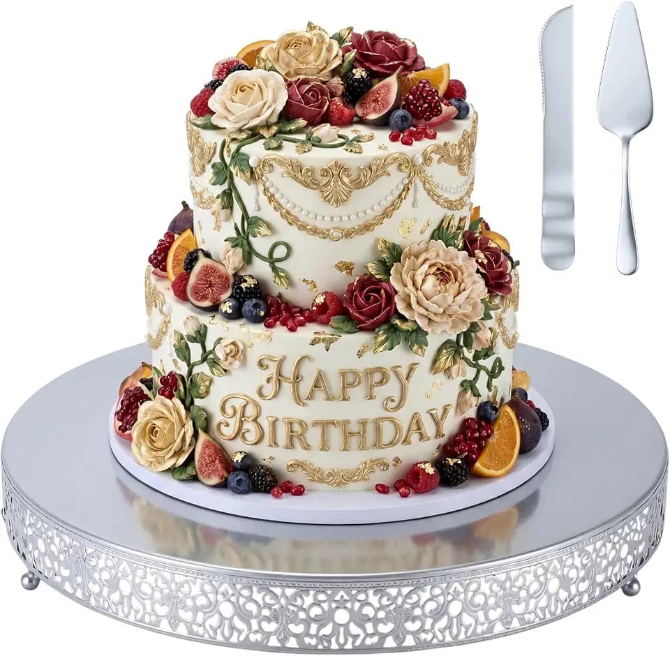 Wenqik 18 Inch Silver Cake Stand Metal Round with Cutter Spatula, Classic