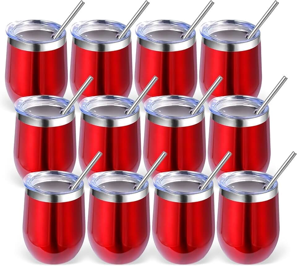 Volhoply 12oz Stainless Steel Wine Tumbler with Lid Bulk 12 Pack,Double Wall Vacuum Stemless Wine Glasses,Reusable Metal Travel Coffe Mug with Straw,Insulated Cup Gifts for Women,Christmas(Red,12 Set)