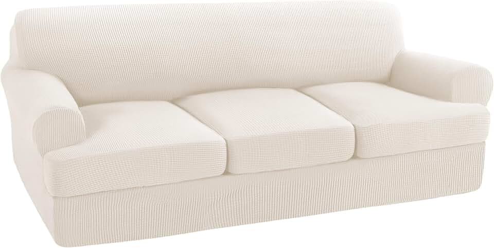 Turquoize 4 Piece T Cushion Sofa Slipcovers Stretch Couch Cover Furniture Covers with 3 Individual T Cushion Covers, Machine Washable (3 Cushion Sofa, Cream)