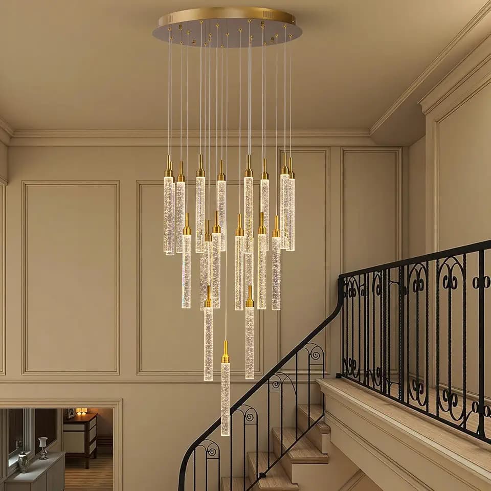 SNZ 20-Light Gold Crystal Chandelier, High Ceiling Chandelier for Staircase, Modern LED Dimmable Pendant Light Fixture for Entryway Hallway Living Room, 157in, Gold